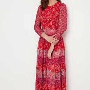 RIXO Kristen Dress - Pink Floral Chiffon Tiered Maxi Dress - Size S